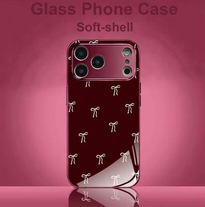 Phone Case: Wine Red and White Bow Electroplated Wine Red New Phone Case Glass Protective Cover, Suitable for iPhone 17/17 Pro/17 Air/17 Pro Max/16/16 Pro/16 Plus/16 Pro Max/15/15 Pro/15 Pro Max/14/14 Pro/14 PLUS/14 Pro Max/ 13/13 Pro/13 Pro Max
