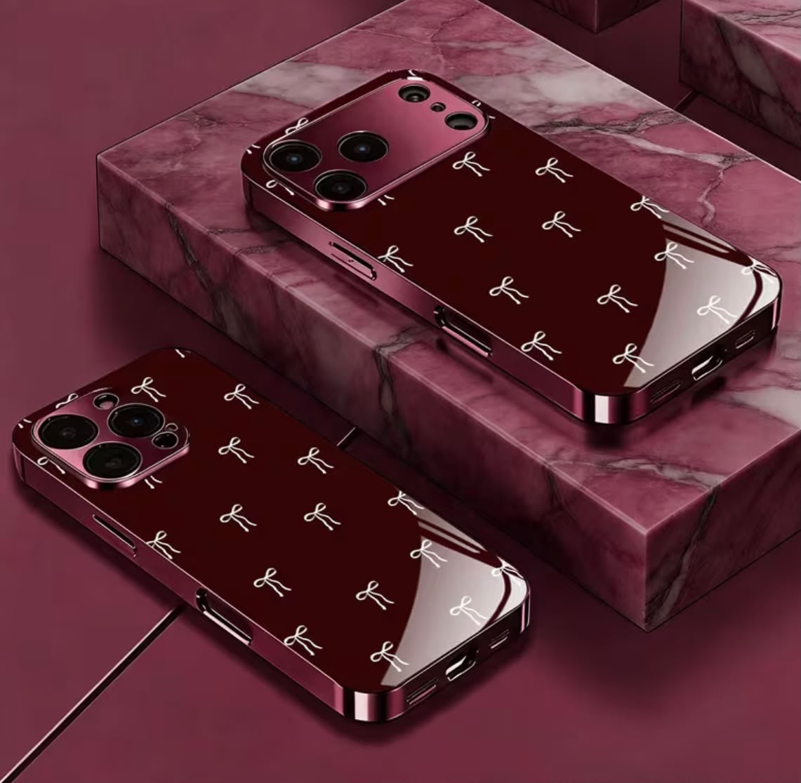 Phone Case: Wine Red and White Bow Electroplated Wine Red New Phone Case Glass Protective Cover, Suitable for iPhone 17/17 Pro/17 Air/17 Pro Max/16/16 Pro/16 Plus/16 Pro Max/15/15 Pro/15 Pro Max/14/14 Pro/14 PLUS/14 Pro Max/ 13/13 Pro/13 Pro Max