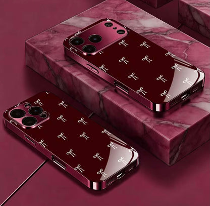 Phone Case: Wine Red and White Bow Electroplated Wine Red New Phone Case Glass Protective Cover, Suitable for iPhone 17/17 Pro/17 Air/17 Pro Max/16/16 Pro/16 Plus/16 Pro Max/15/15 Pro/15 Pro Max/14/14 Pro/14 PLUS/14 Pro Max/ 13/13 Pro/13 Pro Max