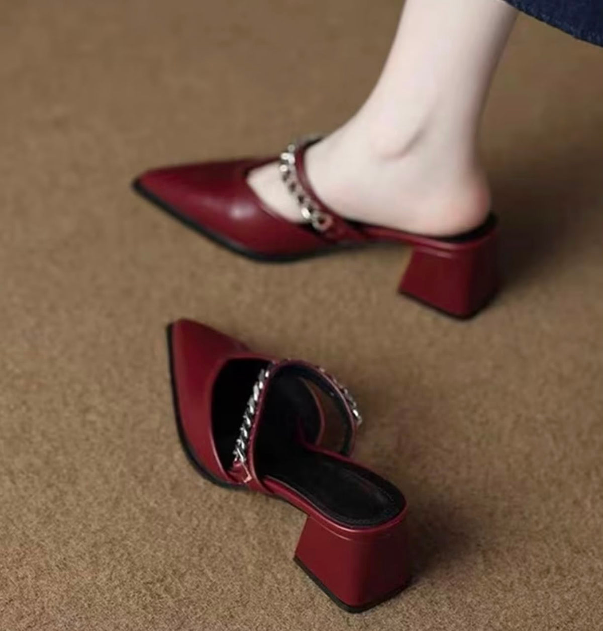 Pointed-Toe Chain Chunky Heel Half-Slip Vintage Outdoor Women's High-Heel Mule Slippers, Women Shoes