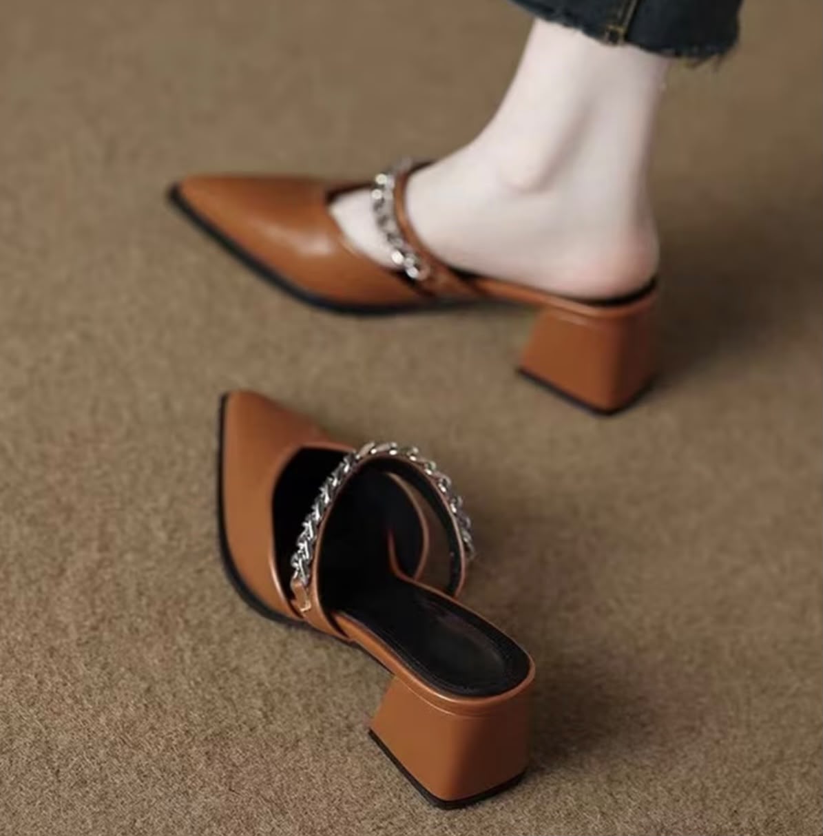 Pointed-Toe Chain Chunky Heel Half-Slip Vintage Outdoor Women's High-Heel Mule Slippers, Women Shoes