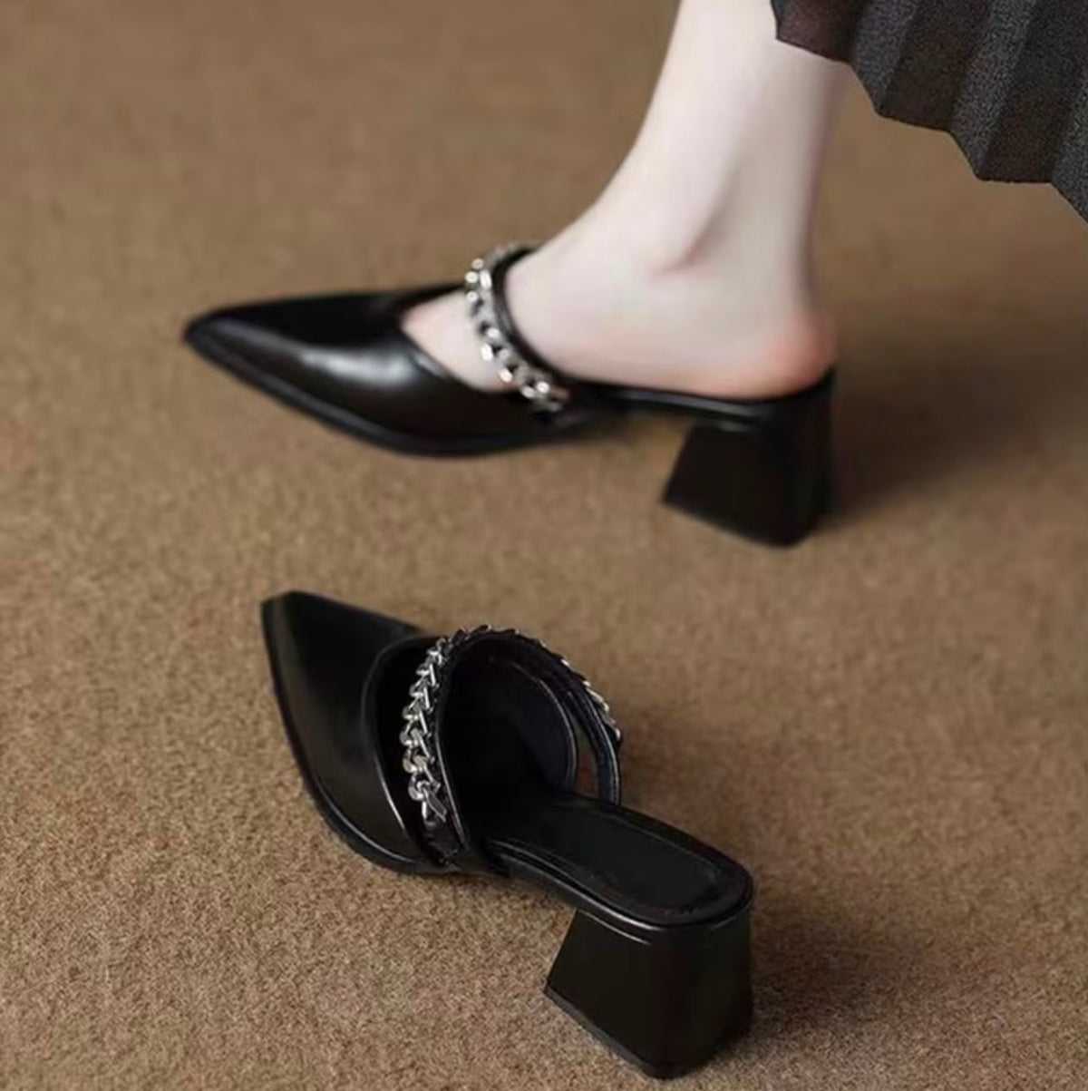 Pointed-Toe Chain Chunky Heel Half-Slip Vintage Outdoor Women's High-Heel Mule Slippers, Women Shoes