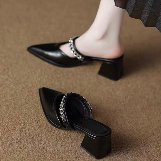 Pointed-Toe Chain Chunky Heel Half-Slip Vintage Outdoor Women's High-Heel Mule Slippers, Women Shoes