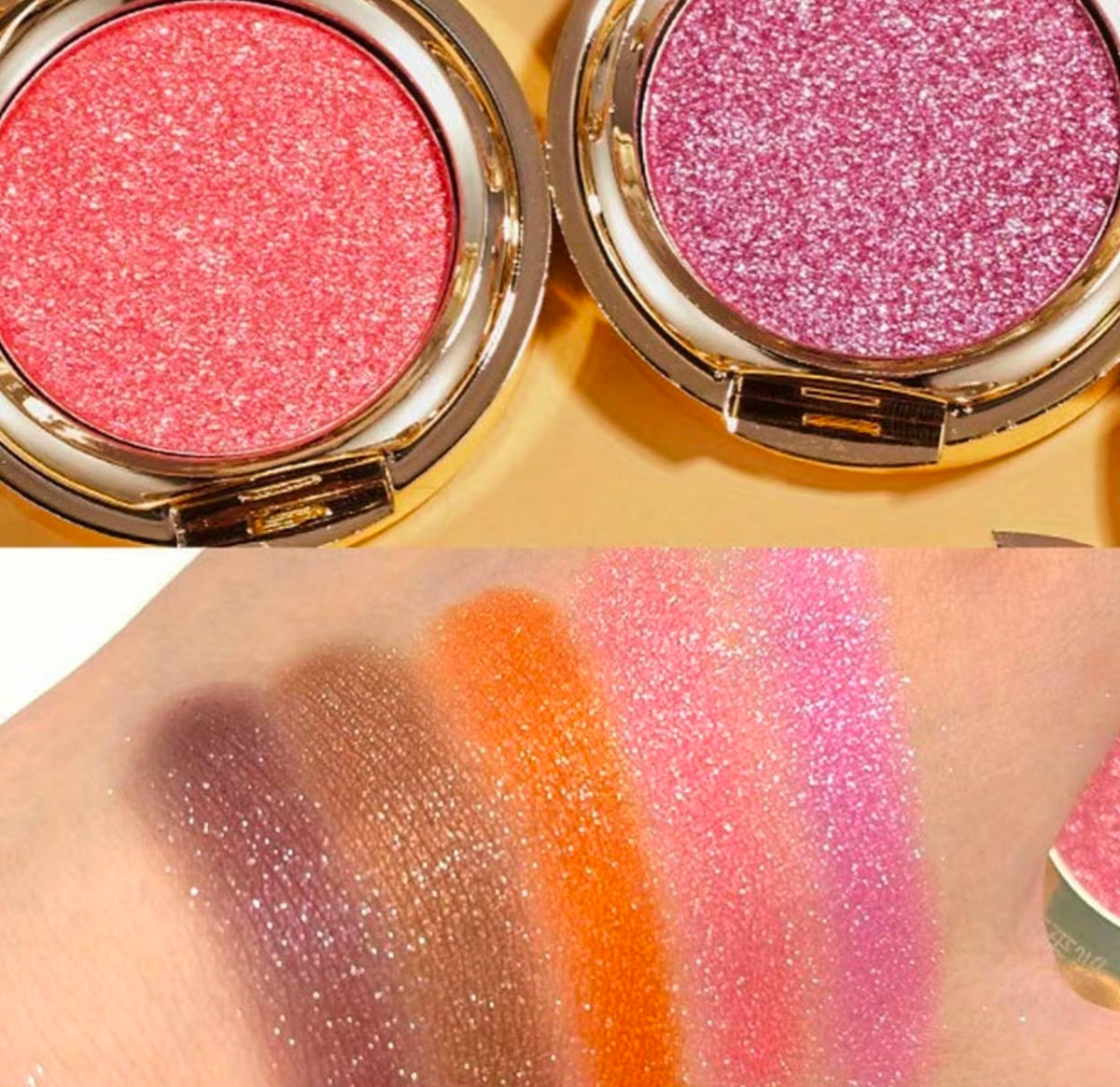 FOMIX High Shiny Solid Color Eyeshadow, Glitter with Luxury Golden Round Compact Case, Transparent Lid, Long-Lasting Shimmer Eye Makeup, Suitable for Daily, Party And Holiday