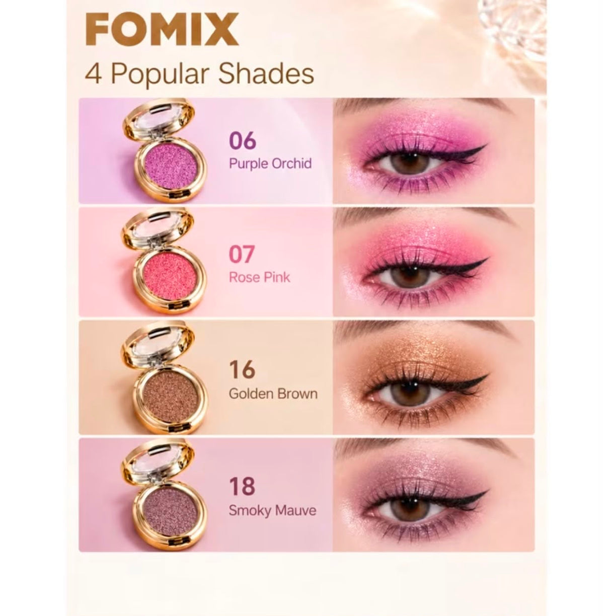 FOMIX High Shiny Solid Color Eyeshadow, Glitter with Luxury Golden Round Compact Case, Transparent Lid, Long-Lasting Shimmer Eye Makeup, Suitable for Daily, Party And Holiday