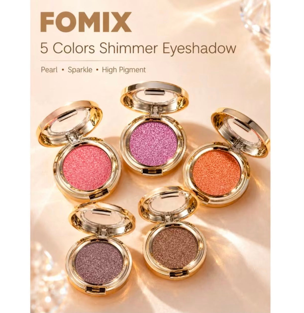 FOMIX High Shiny Solid Color Eyeshadow, Glitter with Luxury Golden Round Compact Case, Transparent Lid, Long-Lasting Shimmer Eye Makeup, Suitable for Daily, Party And Holiday