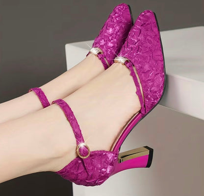 Women's Hollow Pointed-Toe Ankle Strap Chunky Heel Sandals, Women Shoes