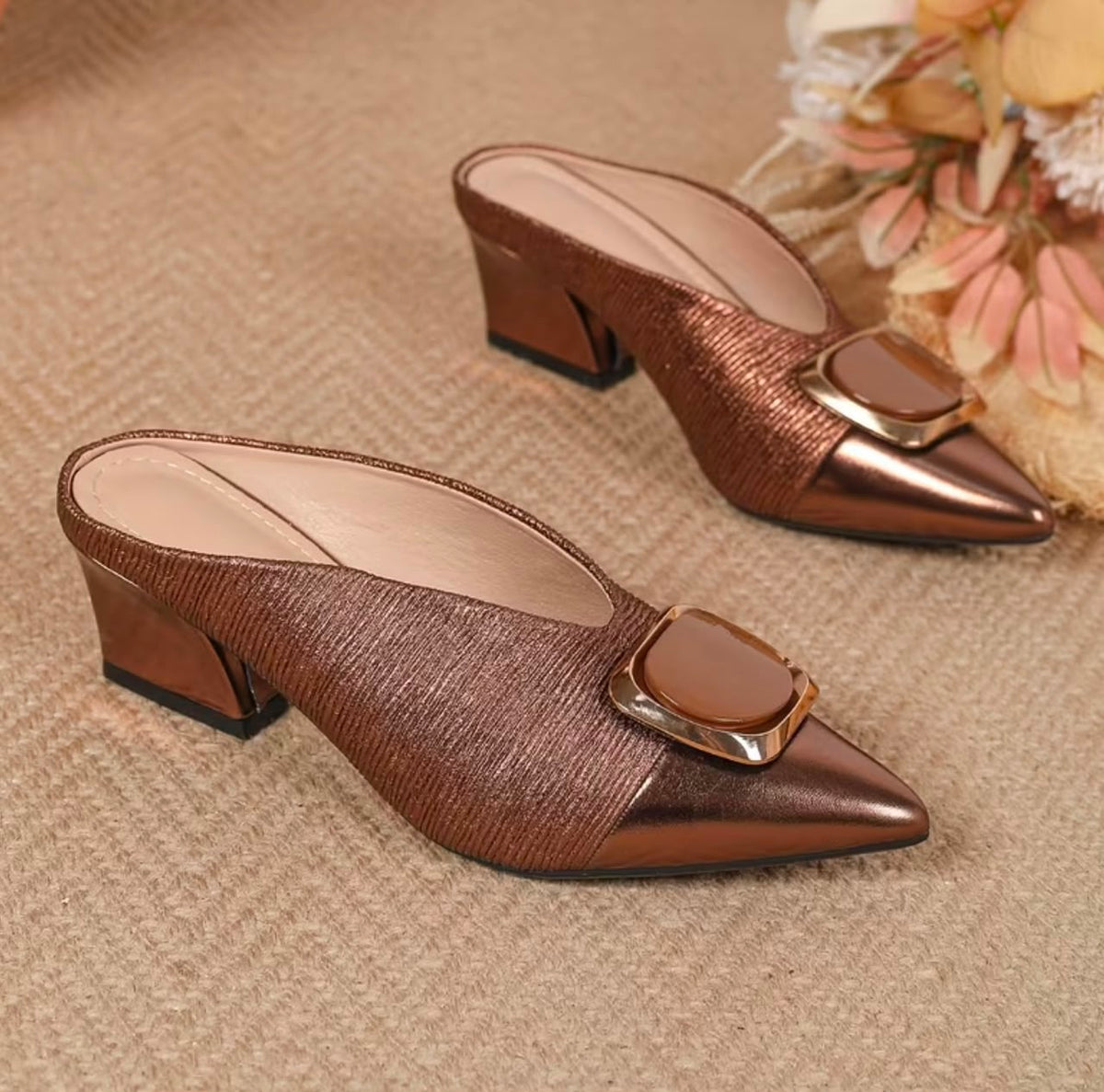 Women's Pointed Toe Block Heel Mules Metallic Bronze Slip On Backless Heeled Sandals with Buckle Decor, Office Wear Pointed Toe Block Heel Mules Metallic Bronze Comfortable Slip On Work Heels, Women Shoes