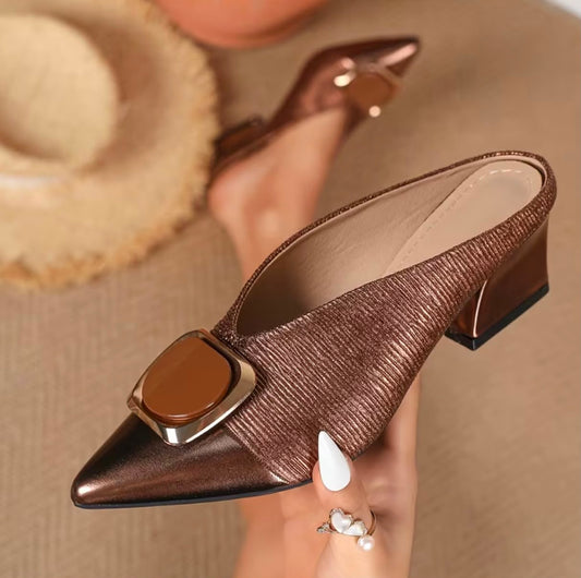 Women's Pointed Toe Block Heel Mules Metallic Bronze Slip On Backless Heeled Sandals with Buckle Decor, Office Wear Pointed Toe Block Heel Mules Metallic Bronze Comfortable Slip On Work Heels, Women Shoes