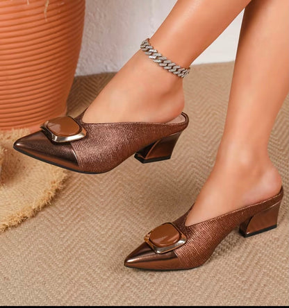 Women's Pointed Toe Block Heel Mules Metallic Bronze Slip On Backless Heeled Sandals with Buckle Decor, Office Wear Pointed Toe Block Heel Mules Metallic Bronze Comfortable Slip On Work Heels, Women Shoes
