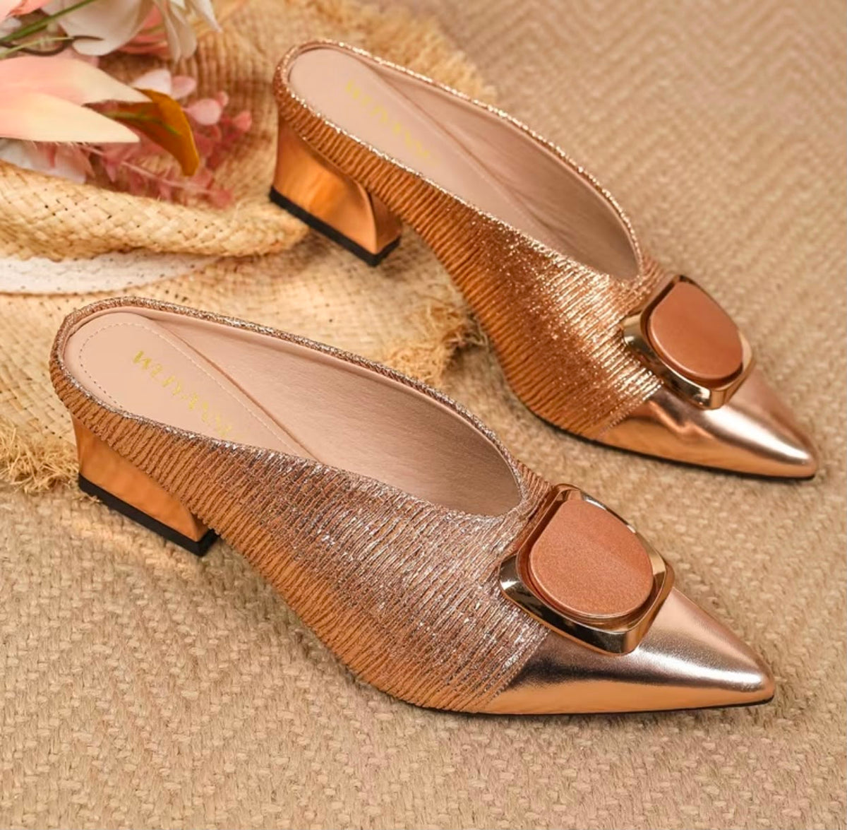 Women's Pointed Toe Block Heel Mules Metallic Bronze Slip On Backless Heeled Sandals with Buckle Decor, Office Wear Pointed Toe Block Heel Mules Metallic Bronze Comfortable Slip On Work Heels, Women Shoes