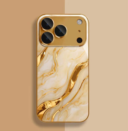 Phone Case: Golden Marble Wave Design Pattern Electroplated Glass Phone Case, Compatible with iPhone 17/17 Pro Max/17 Air/ 16 Pro Max/15/14 Plus/13 Pro/12/11 Pro Max, Full Coverage, Fashionable and Luxurious, High-Appearance Protective Case