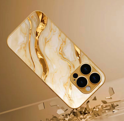 Phone Case: Golden Marble Wave Design Pattern Electroplated Glass Phone Case, Compatible with iPhone 17/17 Pro Max/17 Air/ 16 Pro Max/15/14 Plus/13 Pro/12/11 Pro Max, Full Coverage, Fashionable and Luxurious, High-Appearance Protective Case