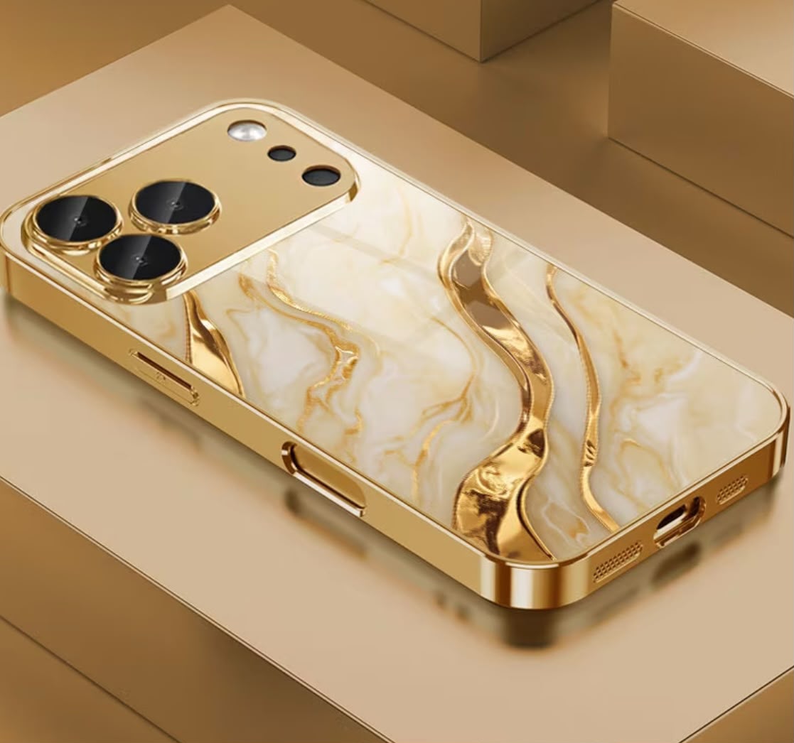 Phone Case: Golden Marble Wave Design Pattern Electroplated Glass Phone Case, Compatible with iPhone 17/17 Pro Max/17 Air/ 16 Pro Max/15/14 Plus/13 Pro/12/11 Pro Max, Full Coverage, Fashionable and Luxurious, High-Appearance Protective Case