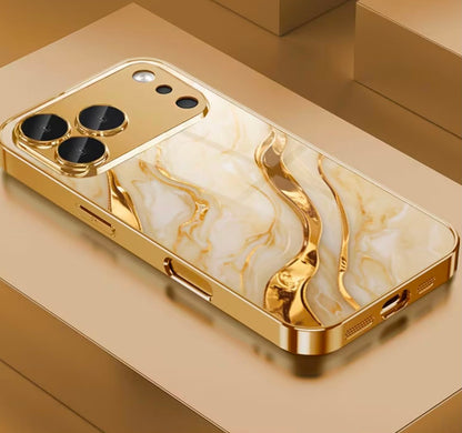 Phone Case: Golden Marble Wave Design Pattern Electroplated Glass Phone Case, Compatible with iPhone 17/17 Pro Max/17 Air/ 16 Pro Max/15/14 Plus/13 Pro/12/11 Pro Max, Full Coverage, Fashionable and Luxurious, High-Appearance Protective Case