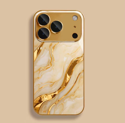 Phone Case: Golden Marble Wave Design Pattern Electroplated Glass Phone Case, Compatible with iPhone 17/17 Pro Max/17 Air/ 16 Pro Max/15/14 Plus/13 Pro/12/11 Pro Max, Full Coverage, Fashionable and Luxurious, High-Appearance Protective Case