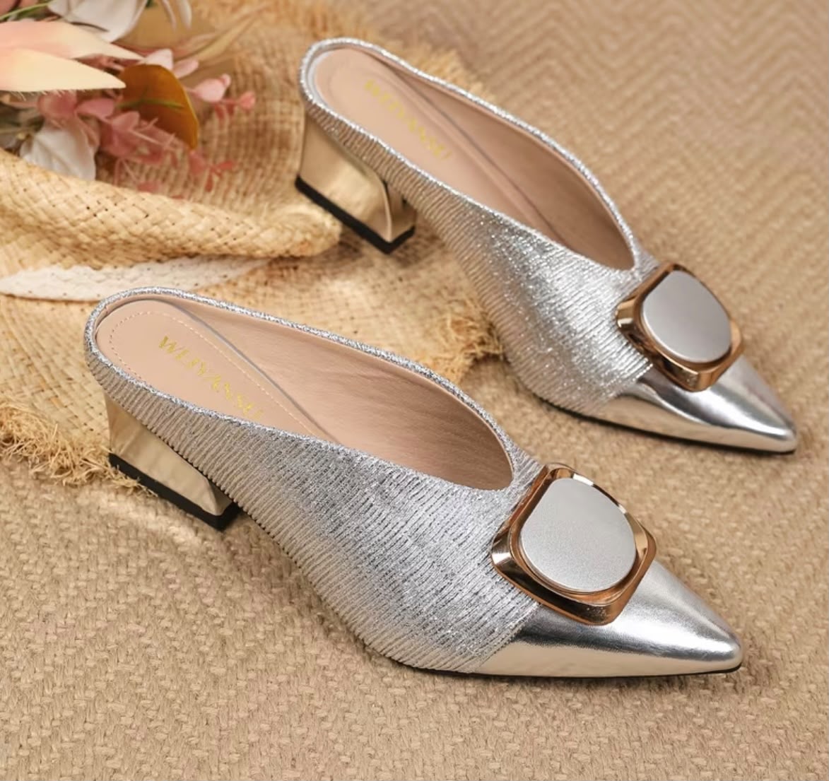 Women's Pointed Toe Block Heel Mules Metallic Bronze Slip On Backless Heeled Sandals with Buckle Decor, Office Wear Pointed Toe Block Heel Mules Metallic Bronze Comfortable Slip On Work Heels, Women Shoes