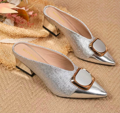 Women's Pointed Toe Block Heel Mules Metallic Bronze Slip On Backless Heeled Sandals with Buckle Decor, Office Wear Pointed Toe Block Heel Mules Metallic Bronze Comfortable Slip On Work Heels, Women Shoes