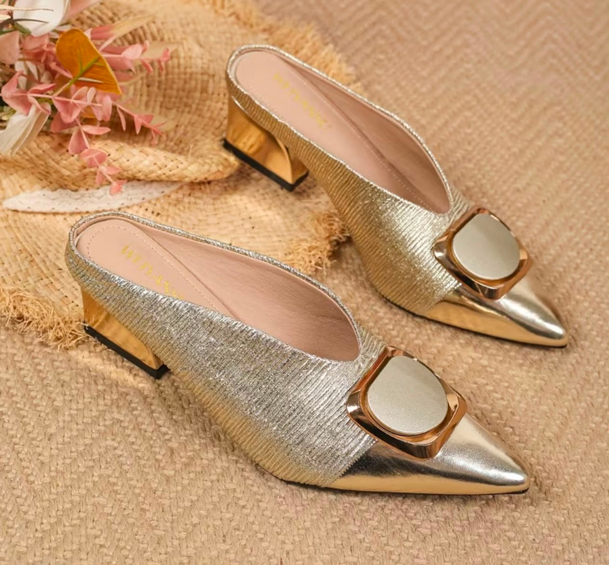 Women's Pointed Toe Block Heel Mules Metallic Bronze Slip On Backless Heeled Sandals with Buckle Decor, Office Wear Pointed Toe Block Heel Mules Metallic Bronze Comfortable Slip On Work Heels, Women Shoes