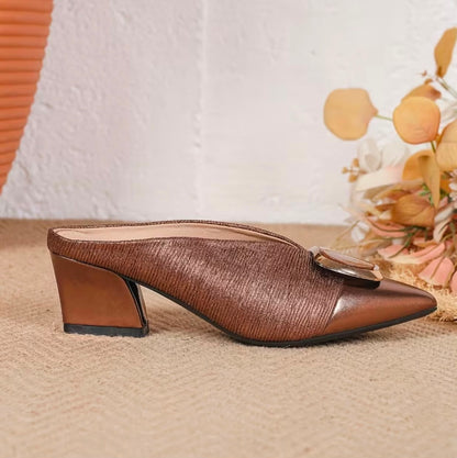 Women's Pointed Toe Block Heel Mules Metallic Bronze Slip On Backless Heeled Sandals with Buckle Decor, Office Wear Pointed Toe Block Heel Mules Metallic Bronze Comfortable Slip On Work Heels, Women Shoes