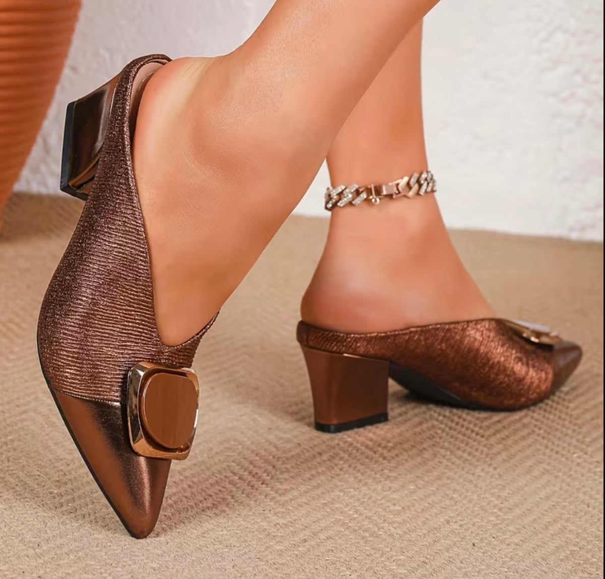 Women's Pointed Toe Block Heel Mules Metallic Bronze Slip On Backless Heeled Sandals with Buckle Decor, Office Wear Pointed Toe Block Heel Mules Metallic Bronze Comfortable Slip On Work Heels, Women Shoes
