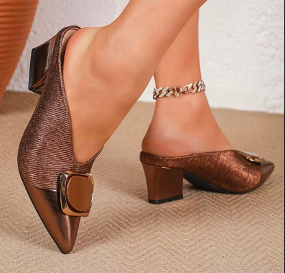 Women's Pointed Toe Block Heel Mules Metallic Bronze Slip On Backless Heeled Sandals with Buckle Decor, Office Wear Pointed Toe Block Heel Mules Metallic Bronze Comfortable Slip On Work Heels, Women Shoes