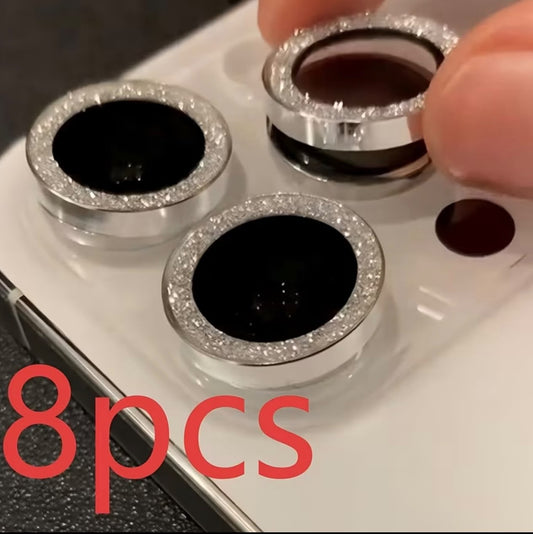 8pcs Glitter Lens Protectors Suitable for Iphone 17 Pro Max/16 Pro/15 Pro/14 Pro/ 13/12/11 Series, with Tempered Glass Film, Phone Additions, Glitter Design, Fashionable And Aesthetic
