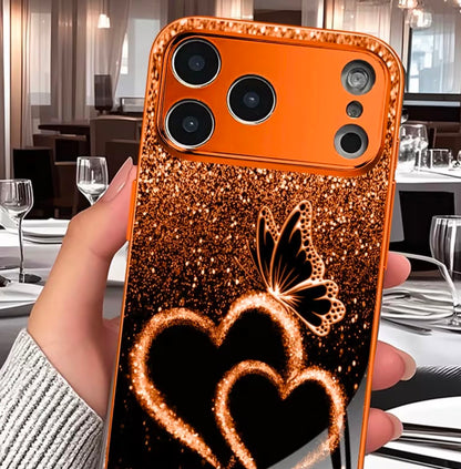 Phone Case: New Matte Electroplated Orange Glass Case with Heart and Butterfly Patterns, Fits iPhone 11-17 Pro/Pro Max/ Plus. Stylish Minimalist Design for Men and Women, an Ideal Gift for iPhone Users.