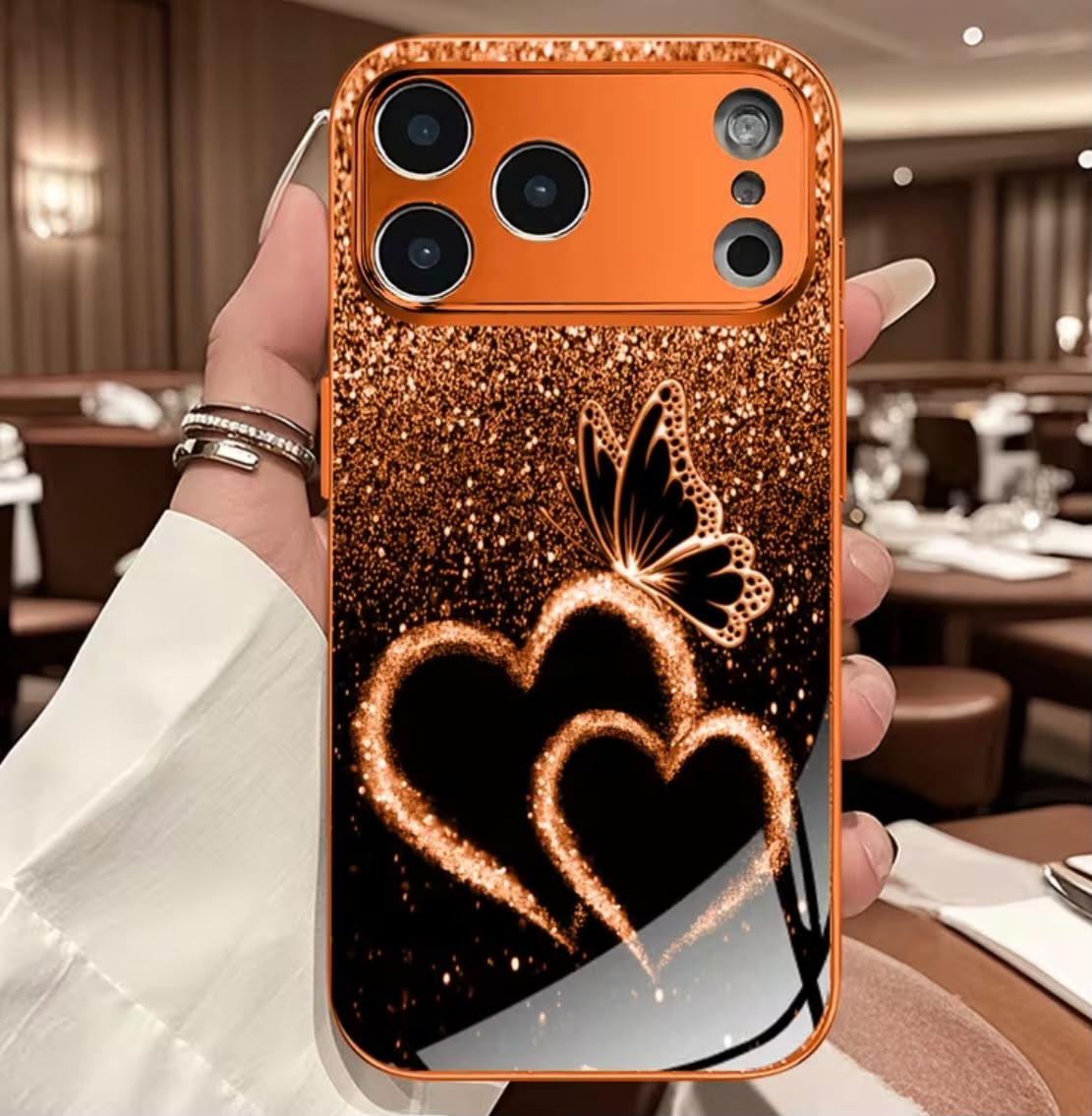 Phone Case: New Matte Electroplated Orange Glass Case with Heart and Butterfly Patterns, Fits iPhone 11-17 Pro/Pro Max/ Plus. Stylish Minimalist Design for Men and Women, an Ideal Gift for iPhone Users.
