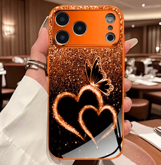 Phone Case: New Matte Electroplated Orange Glass Case with Heart and Butterfly Patterns, Fits iPhone 11-17 Pro/Pro Max/ Plus. Stylish Minimalist Design for Men and Women, an Ideal Gift for iPhone Users.