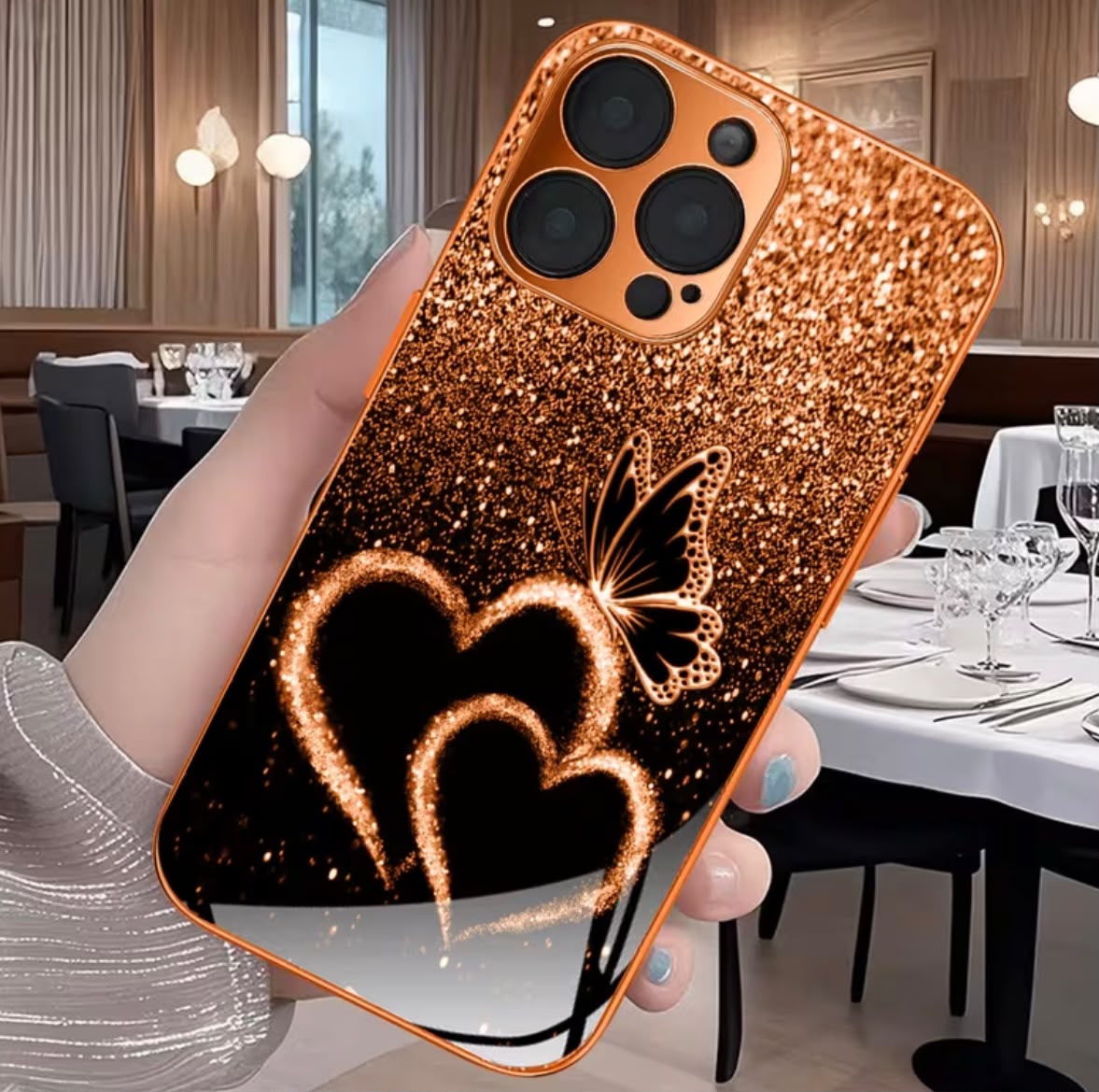 Phone Case: New Matte Electroplated Orange Glass Case with Heart and Butterfly Patterns, Fits iPhone 11-17 Pro/Pro Max/ Plus. Stylish Minimalist Design for Men and Women, an Ideal Gift for iPhone Users.