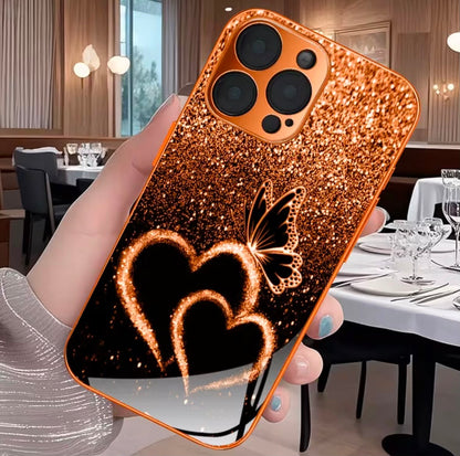 Phone Case: New Matte Electroplated Orange Glass Case with Heart and Butterfly Patterns, Fits iPhone 11-17 Pro/Pro Max/ Plus. Stylish Minimalist Design for Men and Women, an Ideal Gift for iPhone Users.