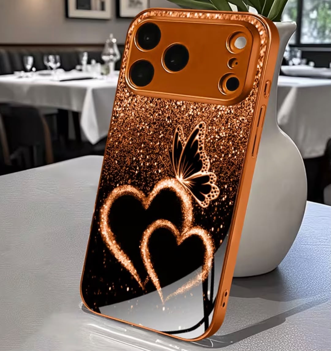 Phone Case: New Matte Electroplated Orange Glass Case with Heart and Butterfly Patterns, Fits iPhone 11-17 Pro/Pro Max/ Plus. Stylish Minimalist Design for Men and Women, an Ideal Gift for iPhone Users.