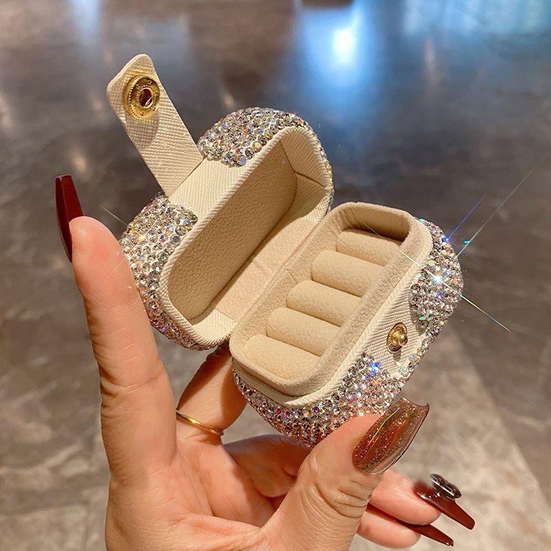 Glam Rectangle Pu Leather Ring Storage Box With Diamond Design For Jewelry Organization